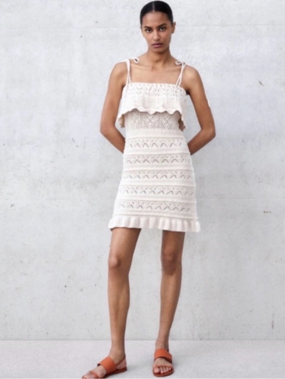 Zara cream ruffle knit crochet mini dress tie Straps size M